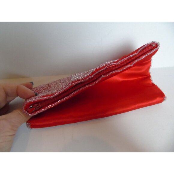 Vintage Red Satin White Beaded Evening Clutch Fully Lined Handmade In Hong Kong - Picture 4 of 10